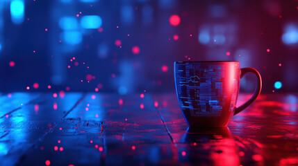 A coffee cup sits on a wooden table, illuminated by colorful neon lights in red and blue. The setting creates a warm yet energetic atmosphere, perfect for night-time relaxation.