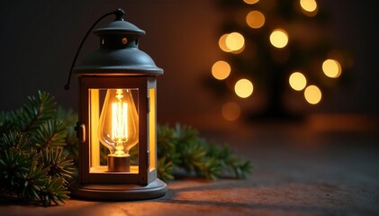 Glass Christmas light bulbs in a wooden lantern, rustic, glass