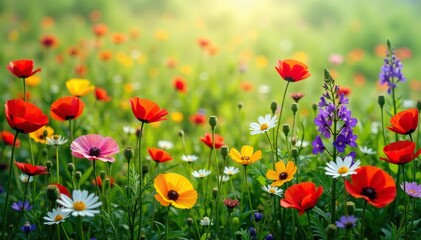 Fototapeta premium Colorful mix of wildflowers and poppies in a field, wildflowers, garden