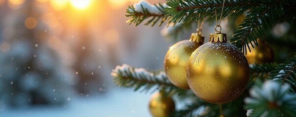 Fototapeta premium Frosty morning air clings to golden Christmas ornaments hanging from fir branches, , air, golden