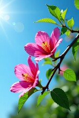 Fresh roselle flowers on a branch against a bright blue sky, floral arrangements, greenery