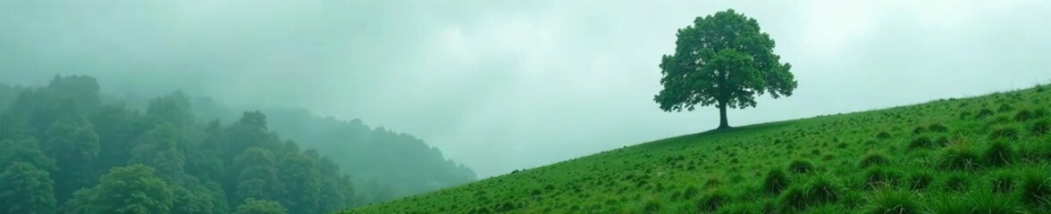 Fototapeta premium Dense foliage surrounds a solitary tree on a misty hillside, nature scenery, misty, serenity