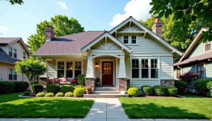 Classic Craftsman bungalow with contemporary accents in a suburban subdivision, wooden shutters, craftsman cottage