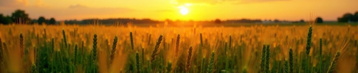 Fototapeta premium Warm sunset light casts golden glow on wheat fields, green background, landscape