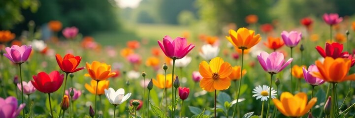 Fototapeta premium stunning and colorful flowers in a garden with a rustic background, blossom field, fields of flowers