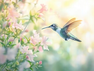 Fototapeta premium iridescent hummingbird portrait ethereal close-up of hovering jewel-toned bird with spread wings against soft bokeh natural background