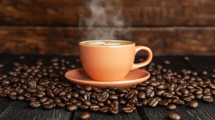 Steaming Latte Art Coffee Cup on Coffee Beans