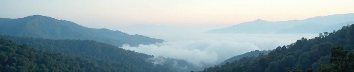 Morning fog rolling over hills and valleys in a light grey cloudy sky, weather, landscape, low angle shot