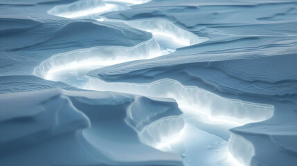 A close-up of cracked ice patterns illuminated with soft blue and white light