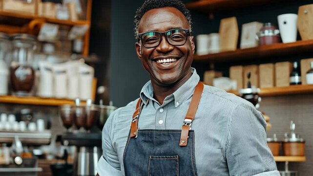Smiling barista showcases warmth and skill in a cozy coffee shop during midday