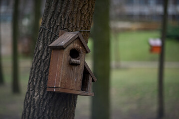 City Park: Bridges, houses, trees, bird feeders.