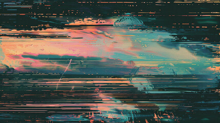 A digital glitch effect with distorted horizontal lines in pastel colors on a dark background