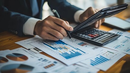 Person reviewing financial data, charts, calculator.