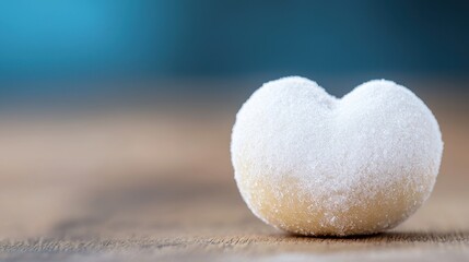 A heart shaped sugar ball sitting on top of a wooden table