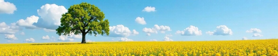 lone tree in field of catkins amidst blue sky and white clouds, solitary, landscape