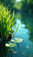 Aquatic plants swaying in wind on lake surface, bubble, swaying, water