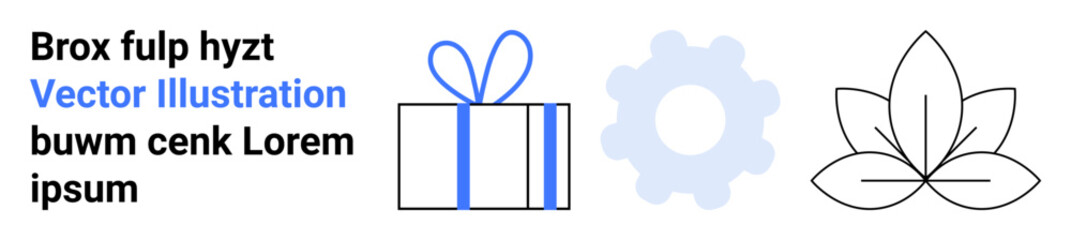 Text blocks with placeholder text, a gift box with ribbon, a gear symbol, and a leaf outline. Ideal for celebrations, mechanics, nature, design, marketing presentations websites user interfaces