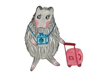 Colourful watercolour and pencils illustration of cute grey hamster with photo camera travelling with pink bag with wheels on the white background.