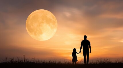 A man and a little girl holding hands in front of a full moon