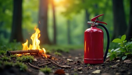 fire extinguisher with water on a forest floor near a small flame, forest, flames
