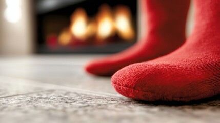 A pair of red socks sitting on the floor in front of a fireplace