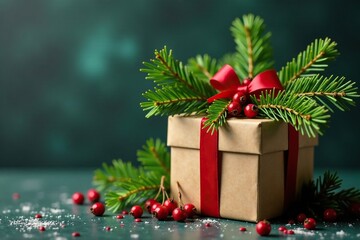 Gift box filled with spruce and crimson berries, greenery, spruce, evergreen