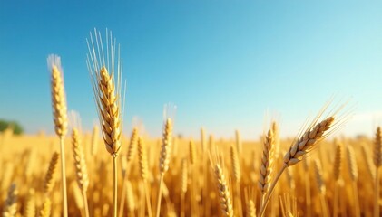 Fototapeta premium Wheat field with golden spikes against blue sky, spike, farm