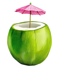 Tropical green coconut with a pink umbrella, beautifully illustrated in watercolor style. Perfect for summer themes, drinks, and vacation concepts. Isolated on transparent background, png.