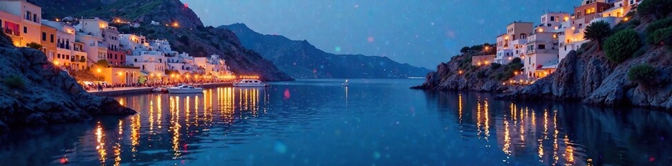 Firefly lights reflect off the calm waters of Santorini, oil painted, santorini, ripples