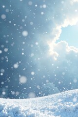 Snowflakes fall from a grey sky with white fluffy clouds in soft focus, grey sky, falling snow, frosty landscape