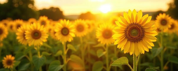 Obraz premium Warm light highlights golden stem of rush in a field, sunflowers, golden stem