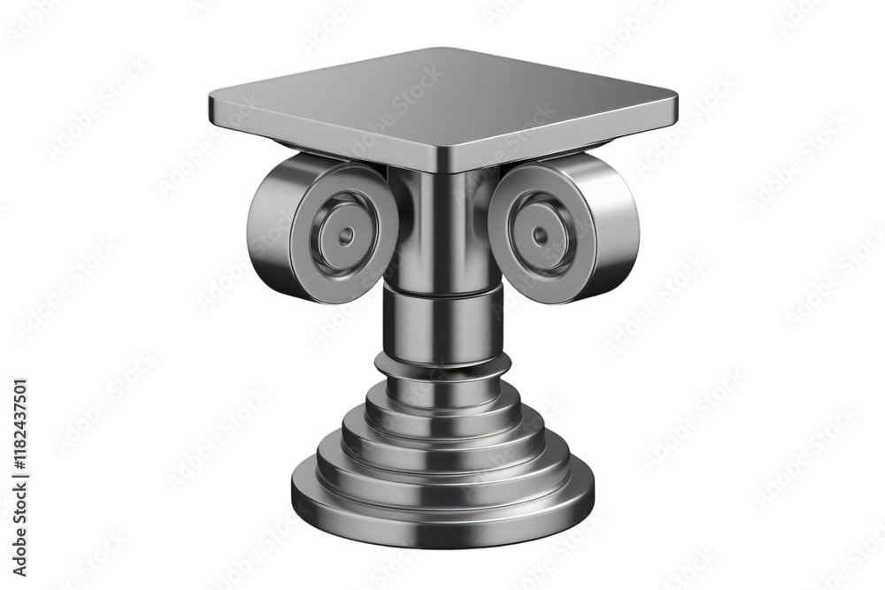 Poster a metallic, industrial-style column with a square top and cylindrical base, isolated on black. backg