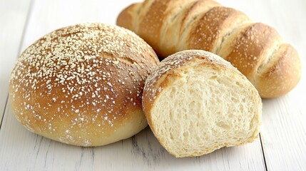 Naklejka premium Artisan Breads- Crusty Round Loaf, Baguette, and Sliced Bread