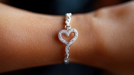 A woman wearing a silver bracelet with a heart on it