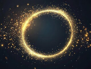 magical golden glitter circle frame with sparkling light effects and floating particles against dark background, perfect for festive holiday designs