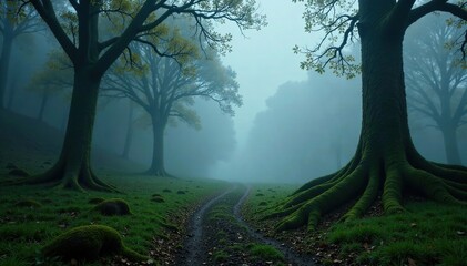 Dense fog surrounds ancient trees in misty forest, overcast sky, moss