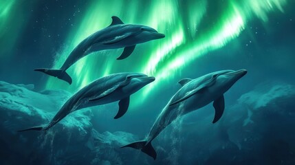 Obraz premium Three dolphins swim beneath the aurora borealis.