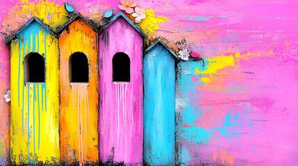 Vibrant birdhouses in yellow, pink, and blue against a bright pink background, adorned with flowers and playful paint splashes.