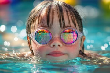 Naklejka premium Close-up of a young girl’s face partially submerged in a swimming pool. Her eyes peek just above the waterline, reflecting joy and playfulness on a bright, sunny day.