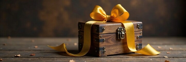 A small wooden chest adorned with a golden ribbon, wood, bow