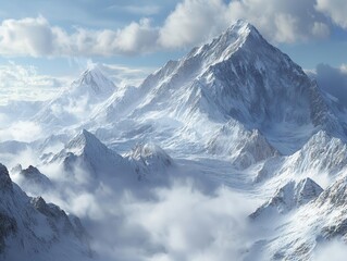 Obraz premium majestic 3d visualization of mount everest's snow-capped peaks with dramatic clouds and pristine glaciers in stunning photorealistic detail