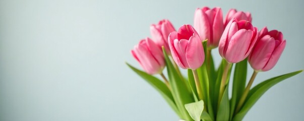 Obraz premium Fresh pink tulips in a vase with green branches, spring, flowers, vase
