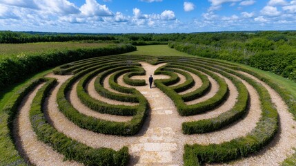 A man standing in the middle of a large maze