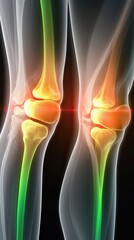 Naklejka premium Comparative X-Ray Views Showcasing Healthy and Affected Body Parts, a split-view X-ray featuring two knees, one healthy and one with joint issues, accentuated with neon green and red highlights
