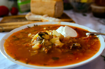 A plate of Russian cabbage vegetable soup with sour cream
