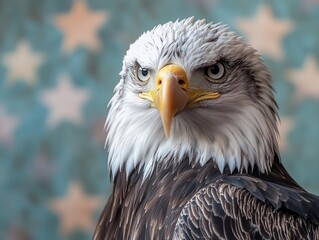 Obraz premium majestic american bald eagle portrait with dramatic stars and stripes background symbolizing patriotic freedom and national pride