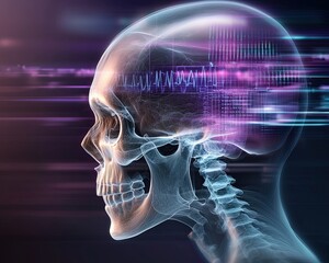 Conceptual Art Combining X-Ray Anatomy with Modern Medical Technology, a futuristic design blending X-ray visuals of a skull with holographic medical data overlays, illuminated by sharp neon.