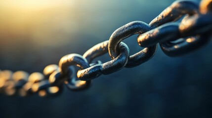 Close-up, metallic chain, sunlit links, textured surface.