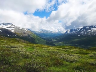 Fototapeta premium majestic mountain landscape with snow-capped peaks and lush green valley under dramatic summer sky with scattered clouds