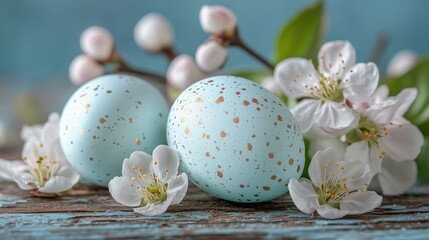 Fototapeta premium Rustic Spring Decor: Speckled Eggs and Blossoming Cherry Flowers on Wooden Table